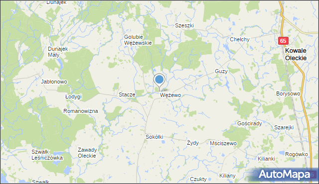 mapa Wężewo, Wężewo gmina Kowale Oleckie na mapie Targeo